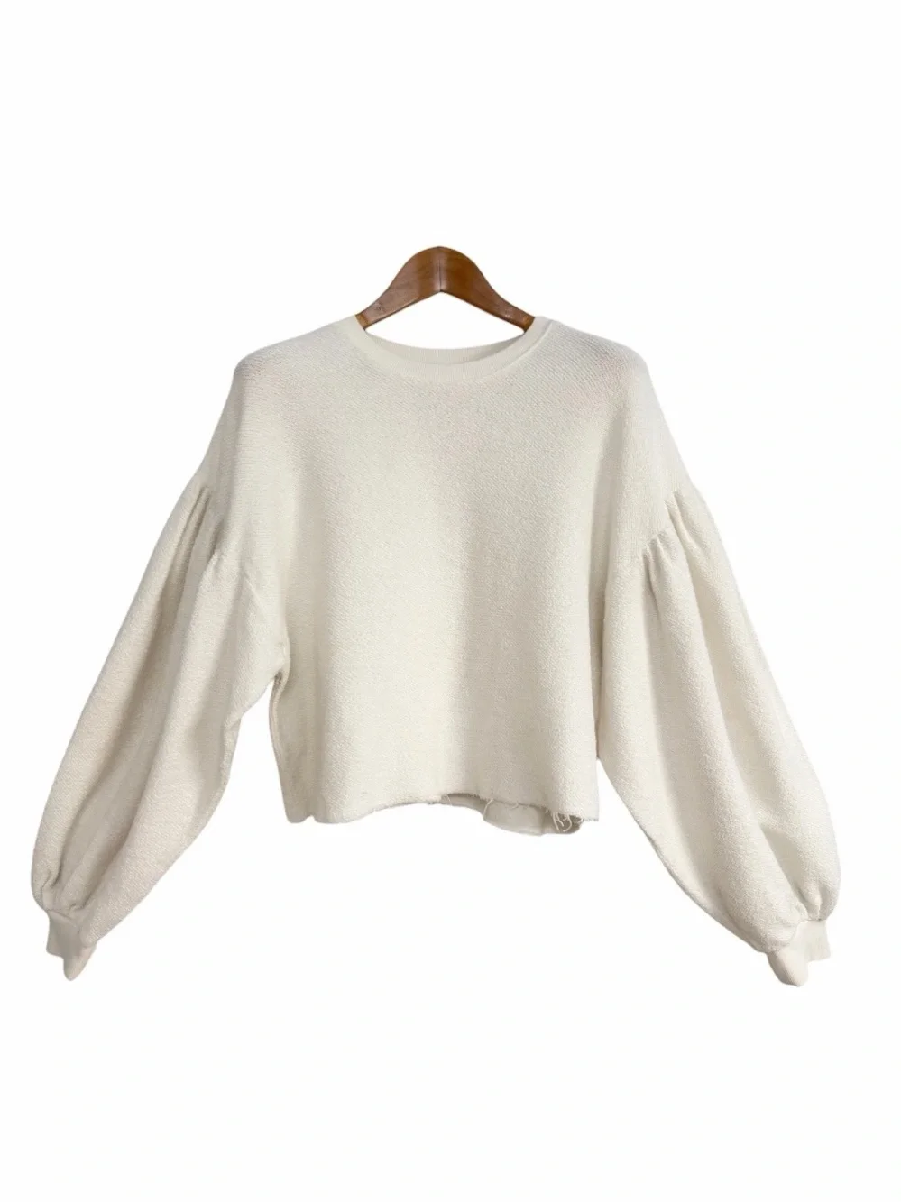 Free People White Balloon Sleeve Cropped Sweatshirt Raw Hem Pullover Top Small